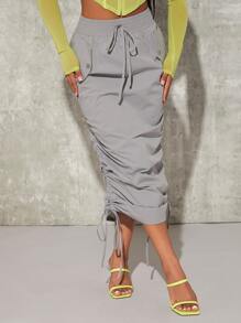 SHEIN SXY Falda de lápiz con cordón fruncido lateral - Gris Claro - Ver 6