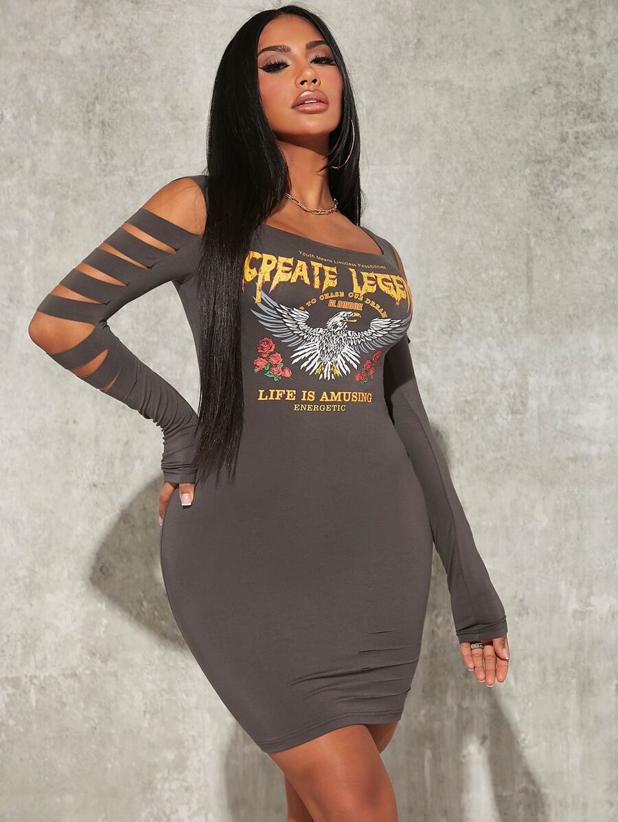 SHEIN SXY 字母和老鷹印花挖肩破洞緊身連衣裙 - 深灰色 - 查看 1