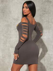 SHEIN SXY 字母和老鷹印花挖肩破洞緊身連衣裙 - 深灰色 - 查看 2