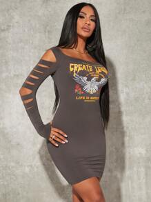 SHEIN SXY 字母和老鷹印花挖肩破洞緊身連衣裙 - 深灰色 - 查看 5