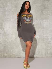SHEIN SXY 字母和老鷹印花挖肩破洞緊身連衣裙 - 深灰色 - 查看 6