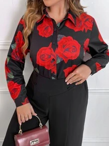 SHEIN LUNE Plus Floral Print Button Front Shirt - Multicolor - View 1