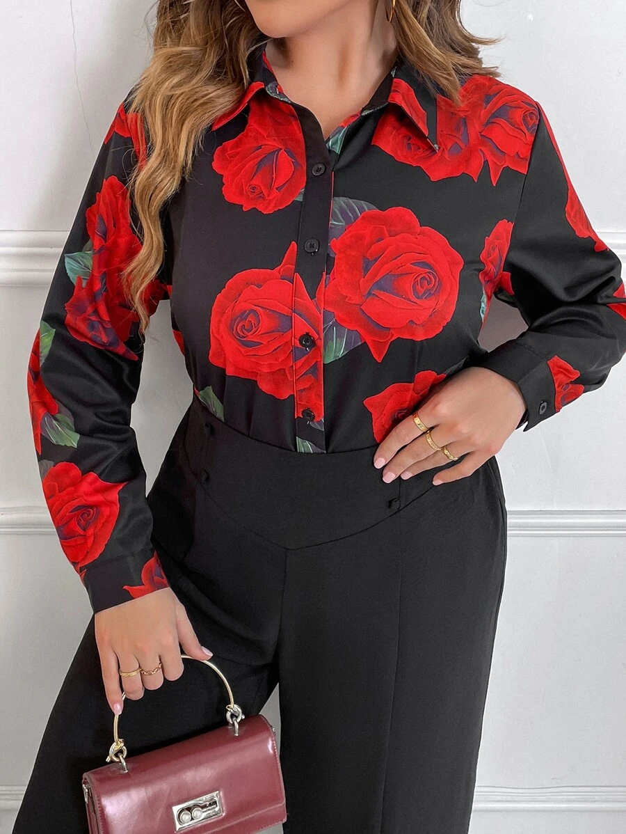 SHEIN LUNE Plus Floral Print Button Front Shirt - Multicolor - View 1