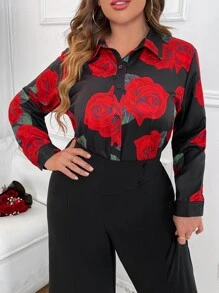 SHEIN LUNE Plus Floral Print Button Front Shirt - Multicolor - View 4