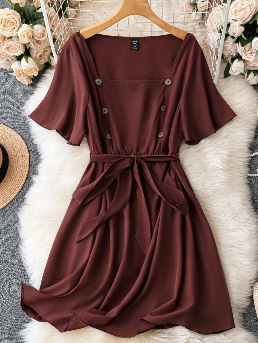 SHEIN LUNE Plus Button Detail Butterfly Sleeve Belted Dress - Brown - View 1