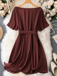 SHEIN LUNE Plus Button Detail Butterfly Sleeve Belted Dress - Brown - View 2