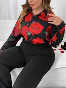 SHEIN LUNE Plus Floral Print Button Front Shirt - Multicolor - View 7