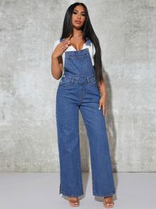 SHEIN SXY Slit Hem Denim Dungarees Without Top - Medium Wash - View 4