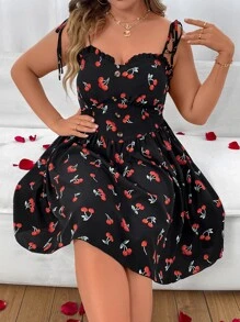 SHEIN Holidaya Plus Cherry Print Tie Shoulder Cami Dress - Multicolor - View 3
