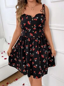 SHEIN Holidaya Plus Cherry Print Tie Shoulder Cami Dress - Multicolor - View 5