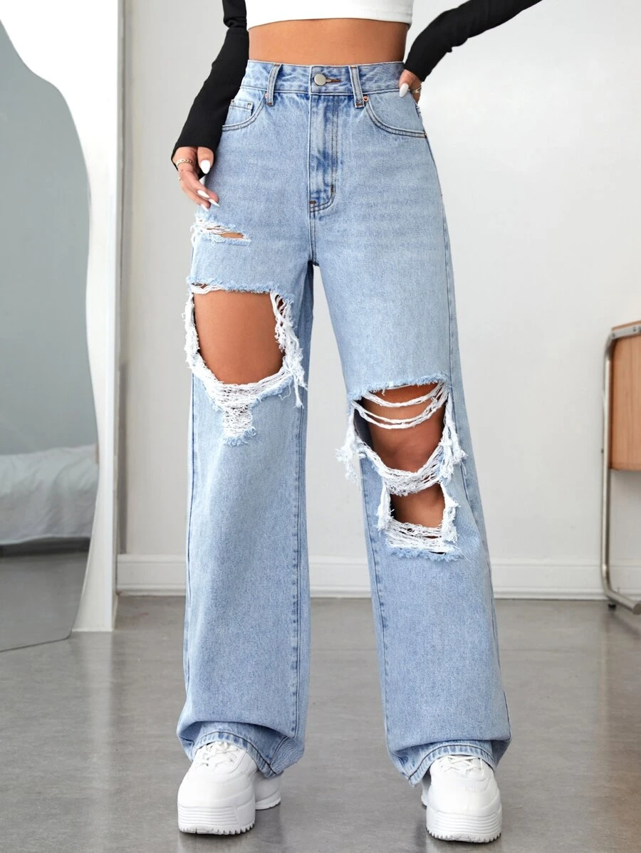 High Waist Ripped Cut Out Wide Leg Jeans - Light Wash - View 1
