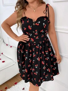 SHEIN Holidaya Plus Cherry Print Tie Shoulder Cami Dress - Multicolor - View 6