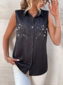 SHEIN LUNE Contrast Sequin Sleeveless Shirt - Black - View 4