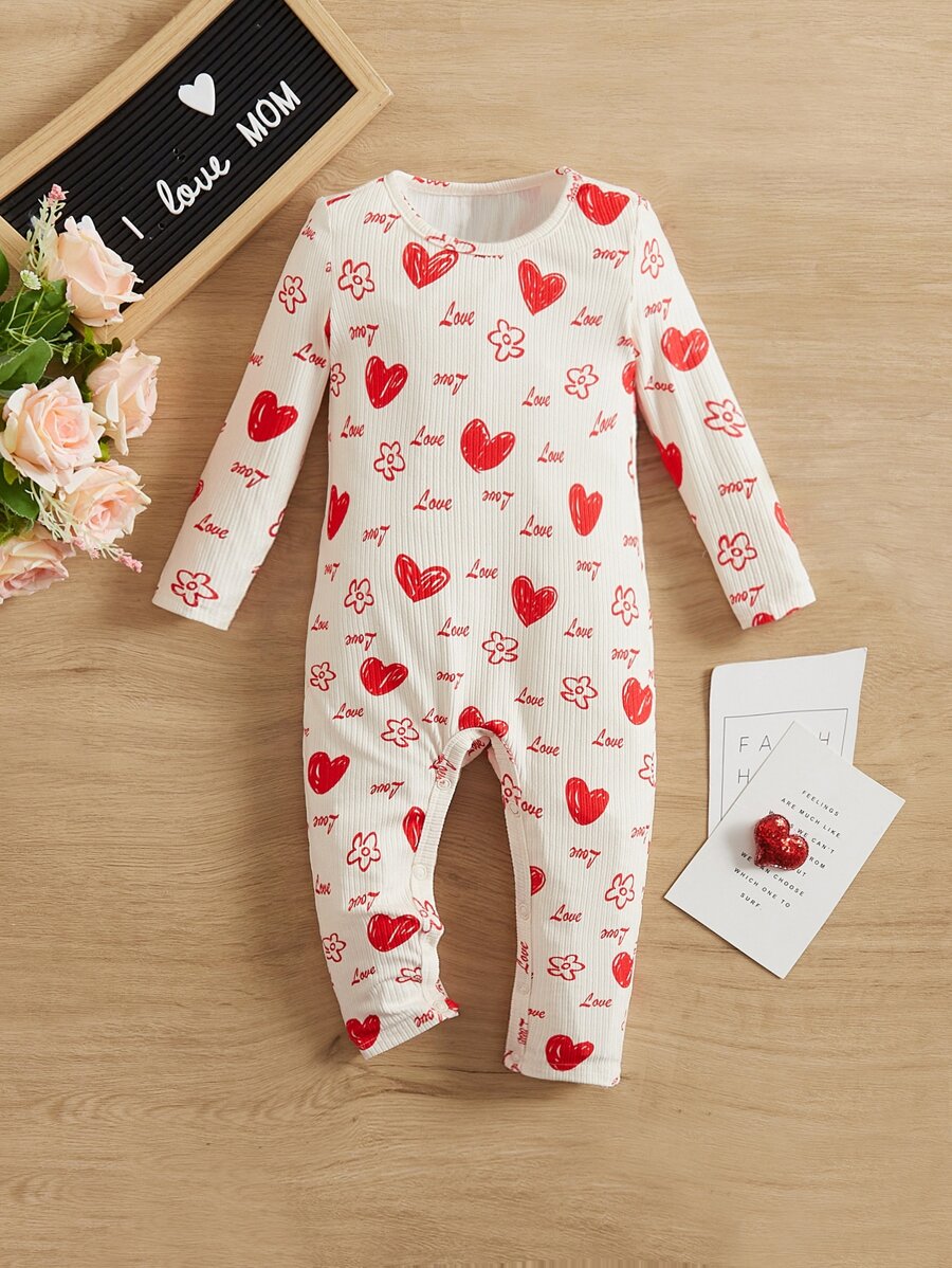 SHEIN Baby Heart & Letter Graphic Jumpsuits - Red and White - View 1