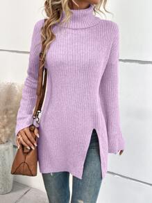 SHEIN LUNE Turtleneck Raglan Sleeve Split Hem Jumper - Lilac Purple - View 1