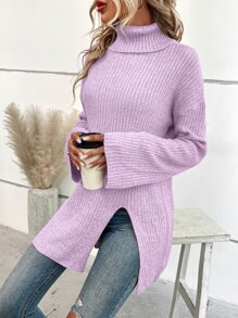 SHEIN LUNE Turtleneck Raglan Sleeve Split Hem Jumper - Lilac Purple - View 3