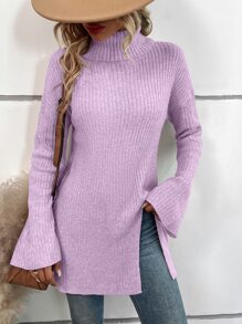 SHEIN LUNE Turtleneck Raglan Sleeve Split Hem Jumper - Lilac Purple - View 4