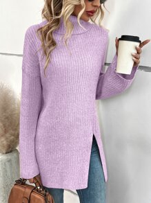 SHEIN LUNE Turtleneck Raglan Sleeve Split Hem Jumper - Lilac Purple - View 5