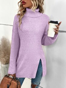 SHEIN LUNE Turtleneck Raglan Sleeve Split Hem Jumper - Lilac Purple - View 6