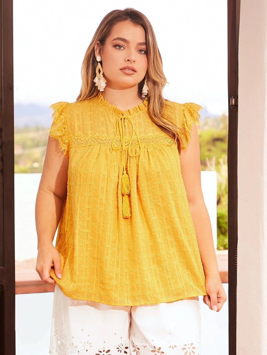 SHEIN VCAY Plus Frill Tie Neck Ruffle Armhole Swiss Dot Top - Mustard Yellow - View 1