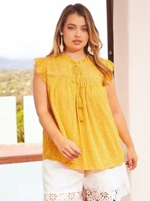 SHEIN VCAY Plus Frill Tie Neck Ruffle Armhole Swiss Dot Top - Mustard Yellow - View 2