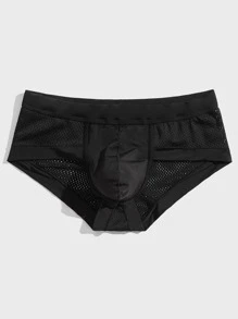Men's Black Plain High Stretch Fabric Briefs With Contrast Mesh Design For Daily Comfort - Black - View 3