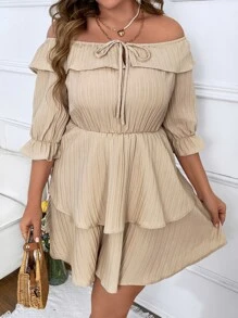 Breezaya Plus Off Shoulder Flounce Sleeve Tie Front Layer Hem Dress - Beige - View 1