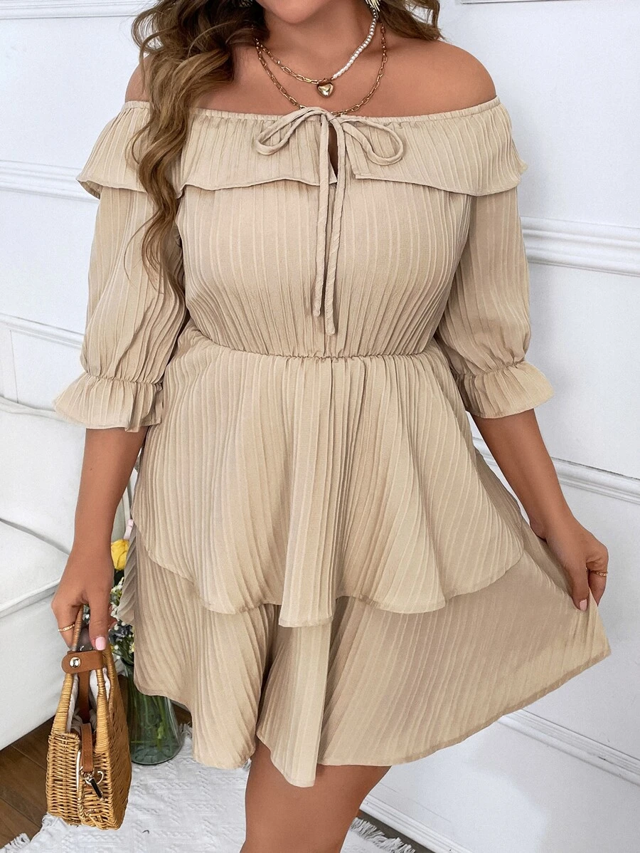 Breezaya Plus Off Shoulder Flounce Sleeve Tie Front Layer Hem Dress - Beige - View 1