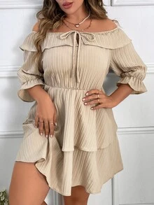 Breezaya Plus Off Shoulder Flounce Sleeve Tie Front Layer Hem Dress - Beige - View 4