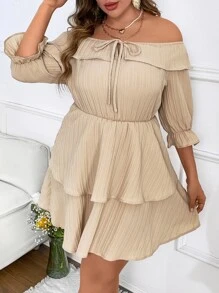 Breezaya Plus Off Shoulder Flounce Sleeve Tie Front Layer Hem Dress - Beige - View 5