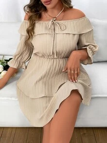 Breezaya Plus Off Shoulder Flounce Sleeve Tie Front Layer Hem Dress - Beige - View 7