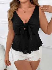 Celure Plus Knot Front Peplum Tank Top - Black - View 2