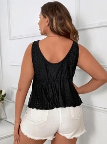 Celure Plus Knot Front Peplum Tank Top - Black - View 3