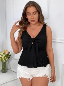 Celure Plus Knot Front Peplum Tank Top - Black - View 4