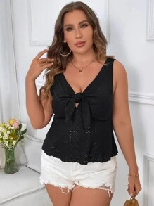 Celure Plus Knot Front Peplum Tank Top - Black - View 5