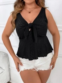 Celure Plus Knot Front Peplum Tank Top - Black - View 6