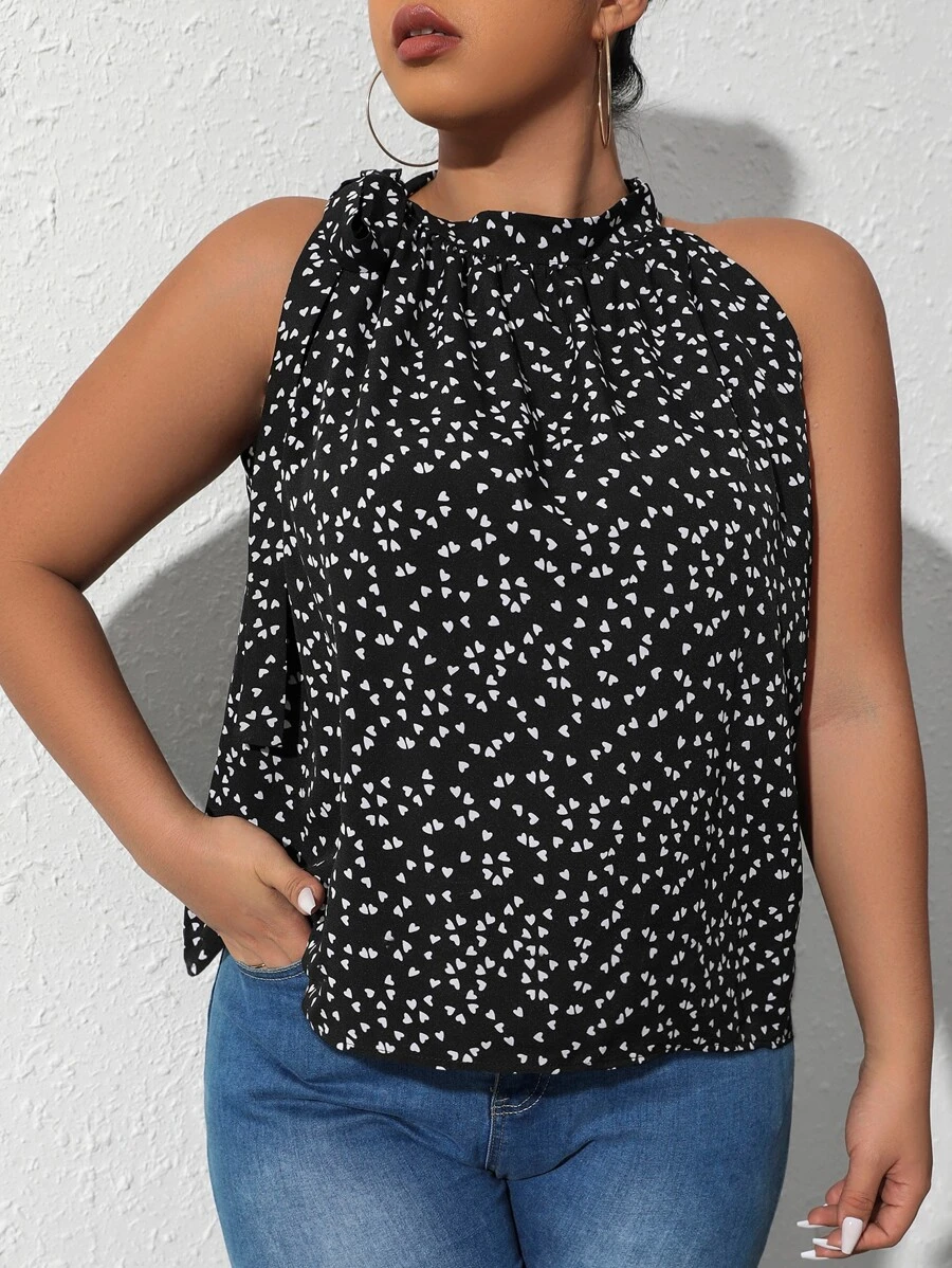 SHEIN Franclia Plus Heart Print Halter Top - Black and White - View 1