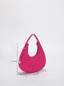 螢光紅鱷魚壓紋流浪包時髦女士人造皮革單肩包流行素色腋下包帶拉鍊新月設計 - 玫紅色 - 查看 3