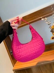 螢光紅鱷魚壓紋流浪包時髦女士人造皮革單肩包流行素色腋下包帶拉鍊新月設計 - 玫紅色 - 查看 8