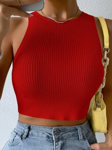 Chiquease Solid Ribbed Crop Knit Top - Red - View 7