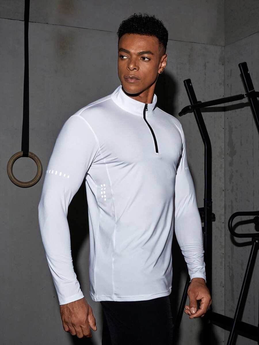 Boyfriend Style Men Reflective Panel Quarter Zip Sports Sweatshirt - White - View 1
