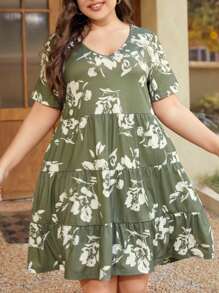 SHEIN LUNE Đầm Plus Size Viên lá sen Hoa Boho - xanh quân đội - Xem 4