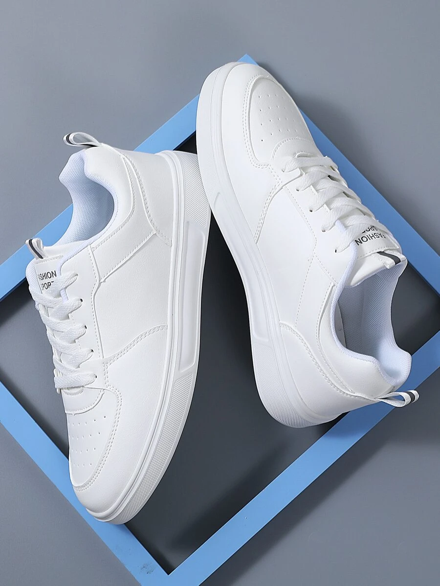 男士白色字母圖案繫帶前滑板鞋 Manfinity Basics - 白色 - 查看 1