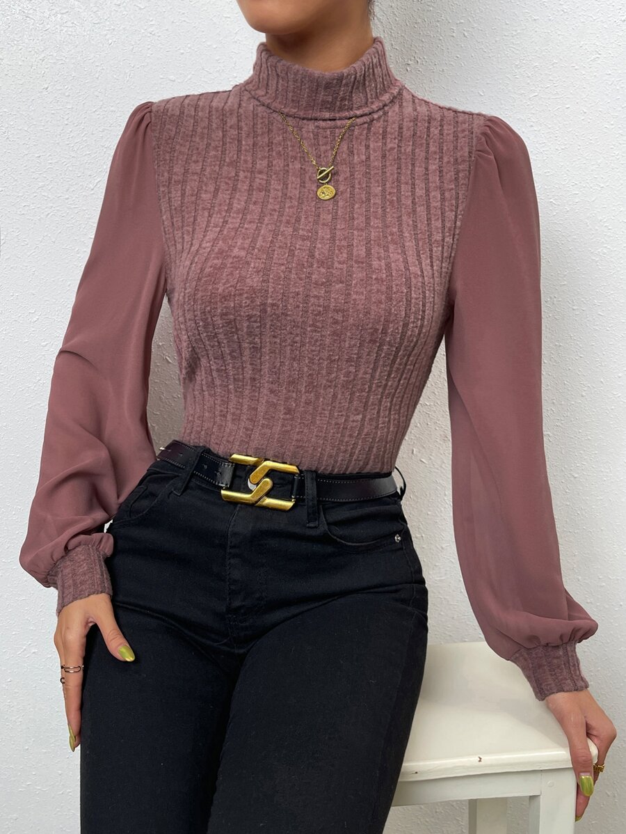 SHEIN Privé Puff Sleeve High Neck Top - Redwood - View 1