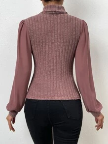 SHEIN Privé Puff Sleeve High Neck Top - Redwood - View 2