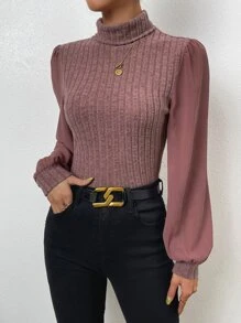 SHEIN Privé Puff Sleeve High Neck Top - Redwood - View 3