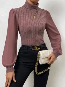 SHEIN Privé Puff Sleeve High Neck Top - Redwood - View 4