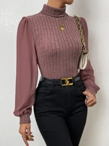 SHEIN Privé Puff Sleeve High Neck Top - Redwood - View 5