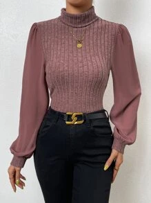 SHEIN Privé Puff Sleeve High Neck Top - Redwood - View 6