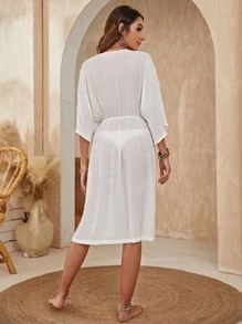 Split Thigh Batwing Sleeve Cover Up Without Bikini - White - View 2